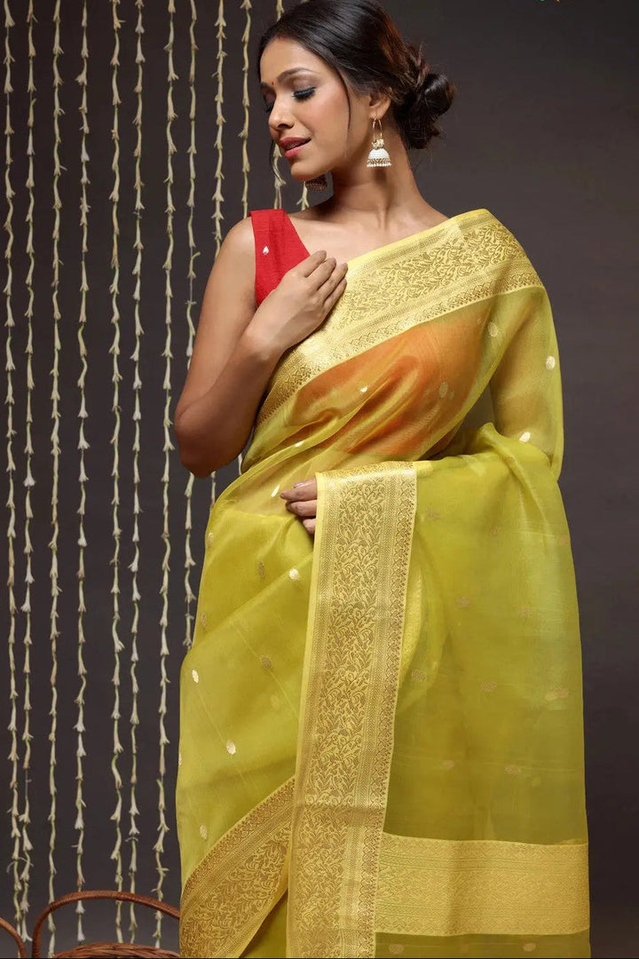 Green Handloom Katan Silk Chanderi Saree With Zari Border & Motifs | SHOBITAM