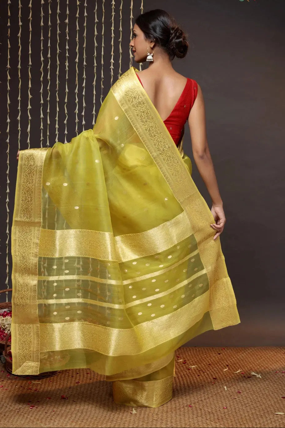 Green Handloom Katan Silk Chanderi Saree With Zari Border & Motifs | SHOBITAM