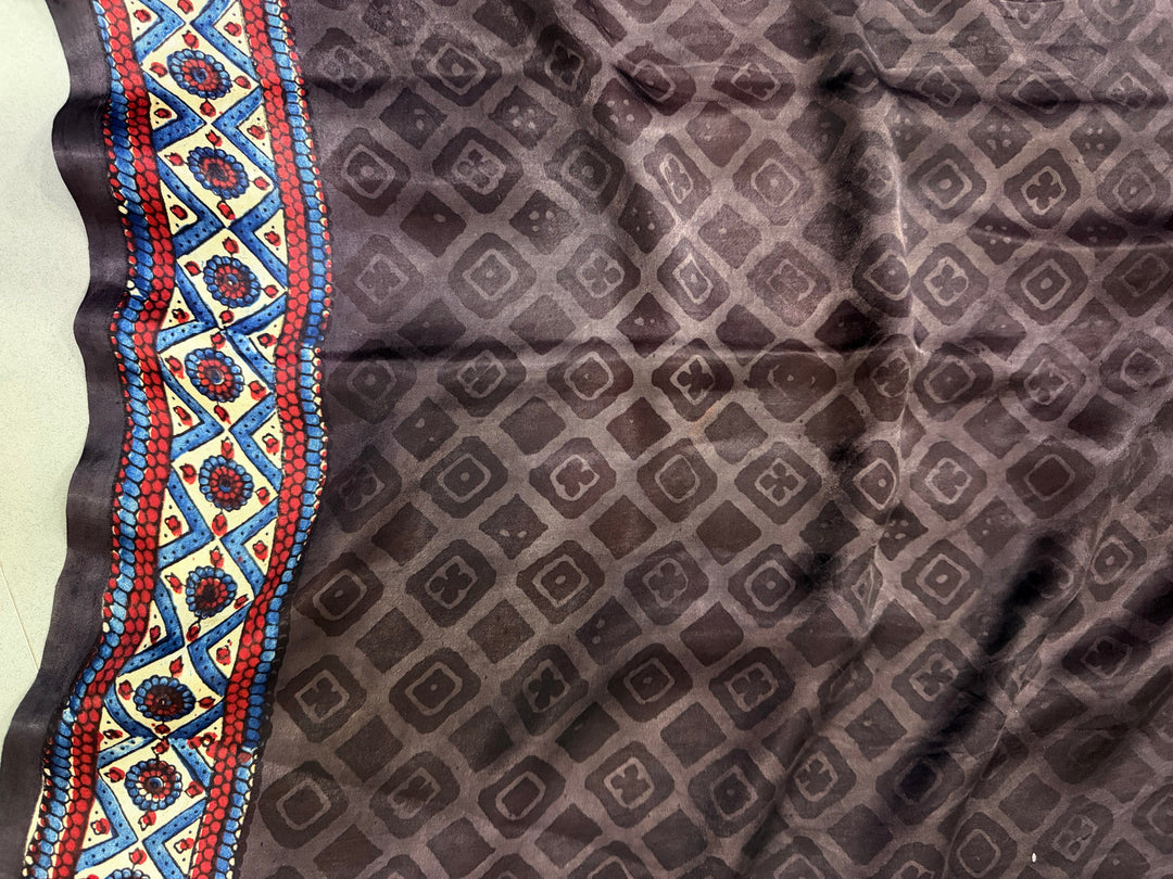 Blood Red Ajrakh Hand Block Print on Modal Silk Saree with Contrast Cream Border | SHOBITAM