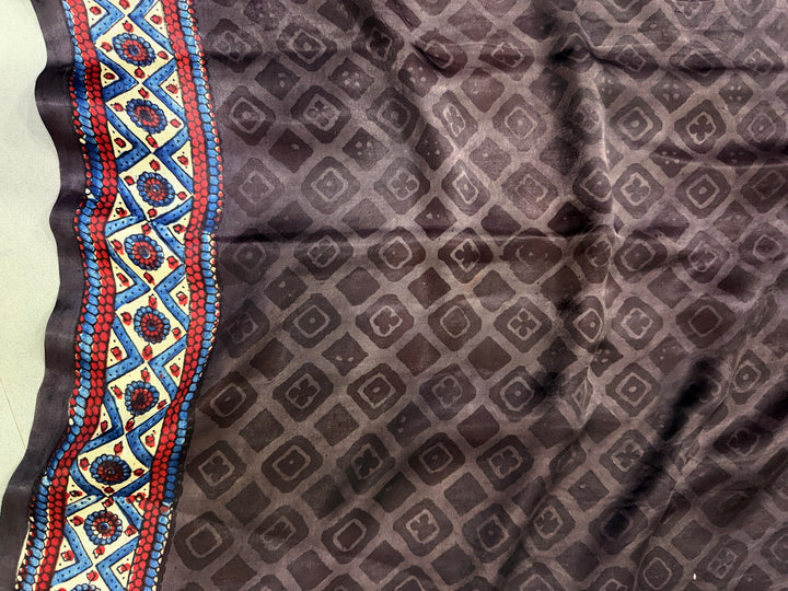 Blood Red Ajrakh Hand Block Print on Modal Silk Saree with Contrast Cream Border | SHOBITAM