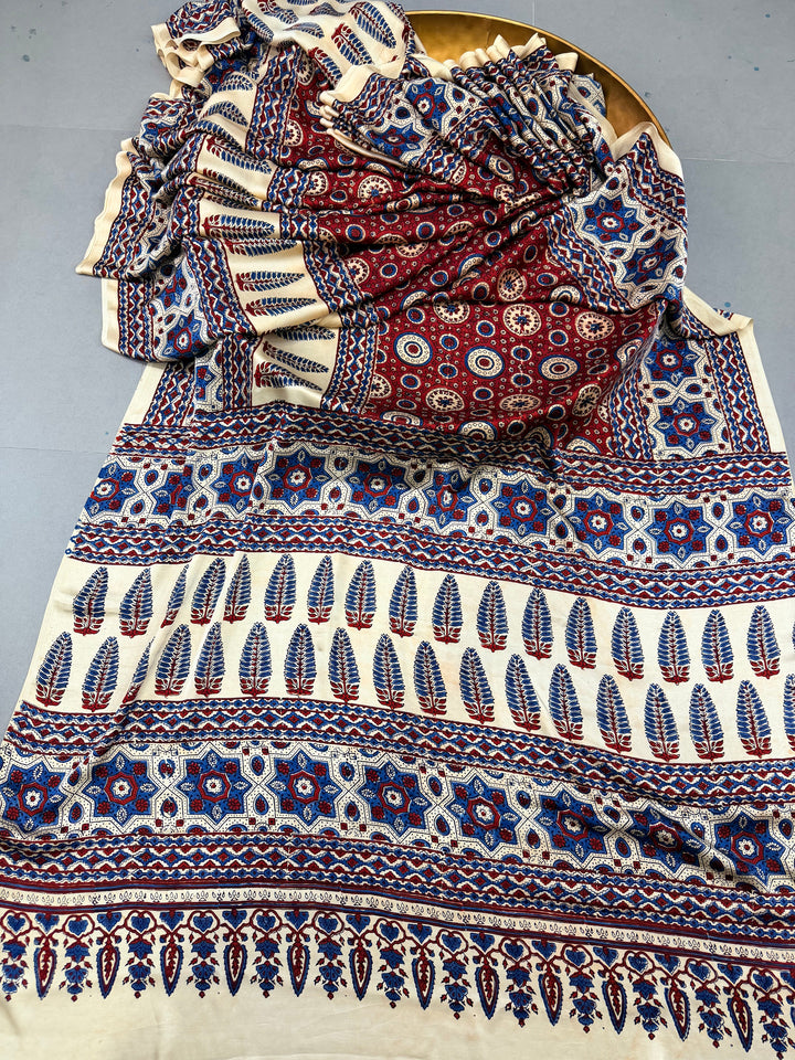 Blood Red Ajrakh Hand Block Print on Modal Silk Saree with Contrast Cream Border | SHOBITAM