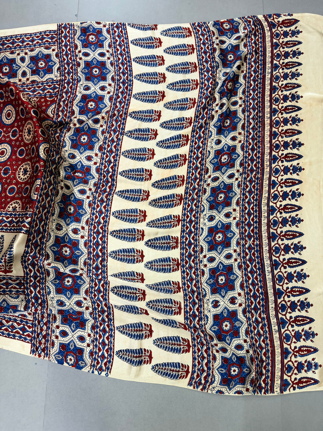 Blood Red Ajrakh Hand Block Print on Modal Silk Saree with Contrast Cream Border | SHOBITAM
