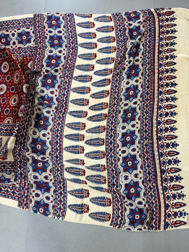 Blood Red Ajrakh Hand Block Print on Modal Silk Saree with Contrast Cream Border | SHOBITAM