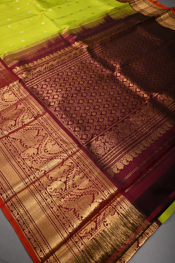 Chartreuse Gadwal Silk Saree with Gold Silver Zari Buttas and Contrast Wide Zari Border | SILK MARK CERTIFIED | SHOBITAM