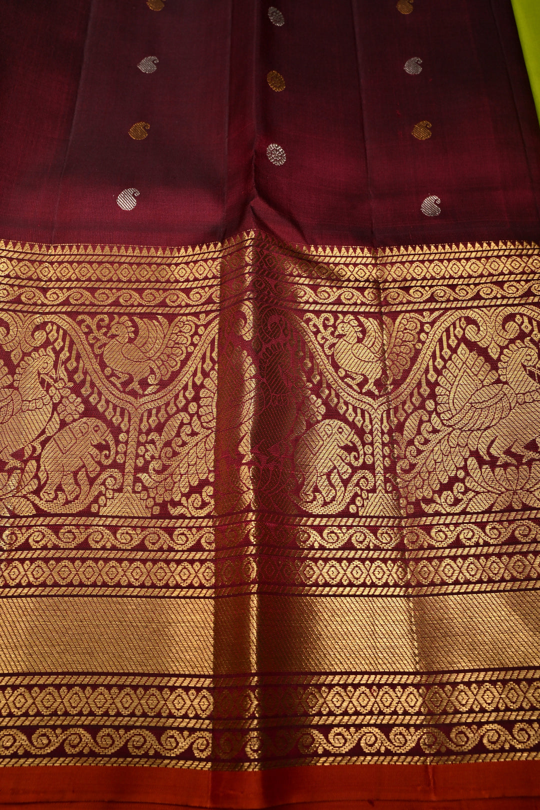 Chartreuse Gadwal Silk Saree with Gold Silver Zari Buttas and Contrast Wide Zari Border | SILK MARK CERTIFIED | SHOBITAM