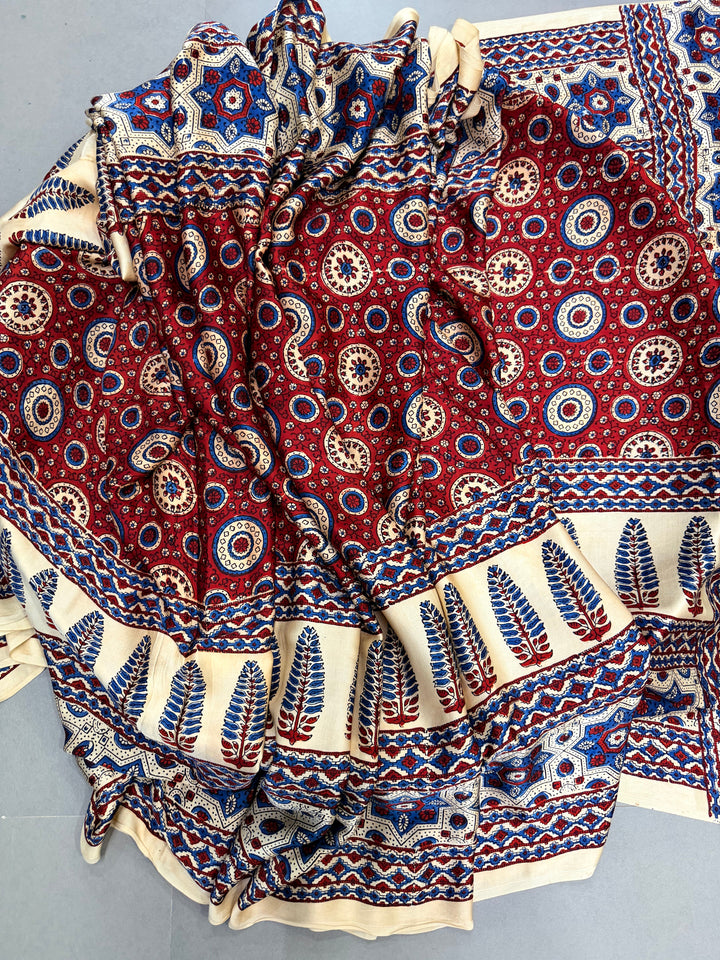 Blood Red Ajrakh Hand Block Print on Modal Silk Saree with Contrast Cream Border | SHOBITAM