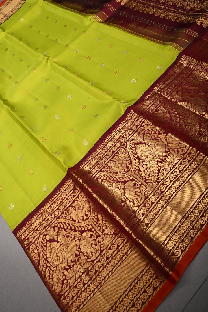 Chartreuse Gadwal Silk Saree with Gold Silver Zari Buttas and Contrast Wide Zari Border | SILK MARK CERTIFIED | SHOBITAM