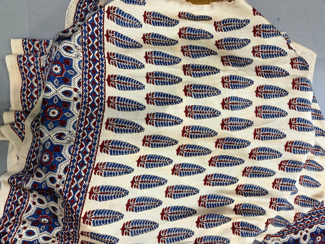 Blood Red Ajrakh Hand Block Print on Modal Silk Saree with Contrast Cream Border | SHOBITAM