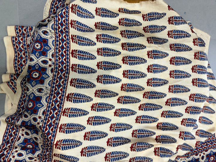 Blood Red Ajrakh Hand Block Print on Modal Silk Saree with Contrast Cream Border | SHOBITAM