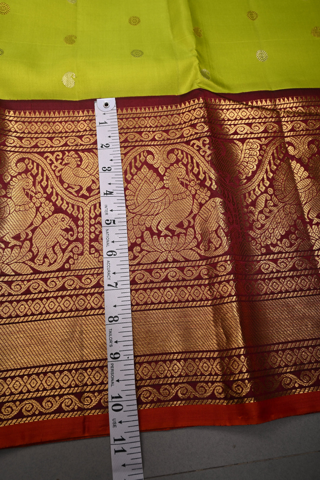Chartreuse Gadwal Silk Saree with Gold Silver Zari Buttas and Contrast Wide Zari Border | SILK MARK CERTIFIED | SHOBITAM
