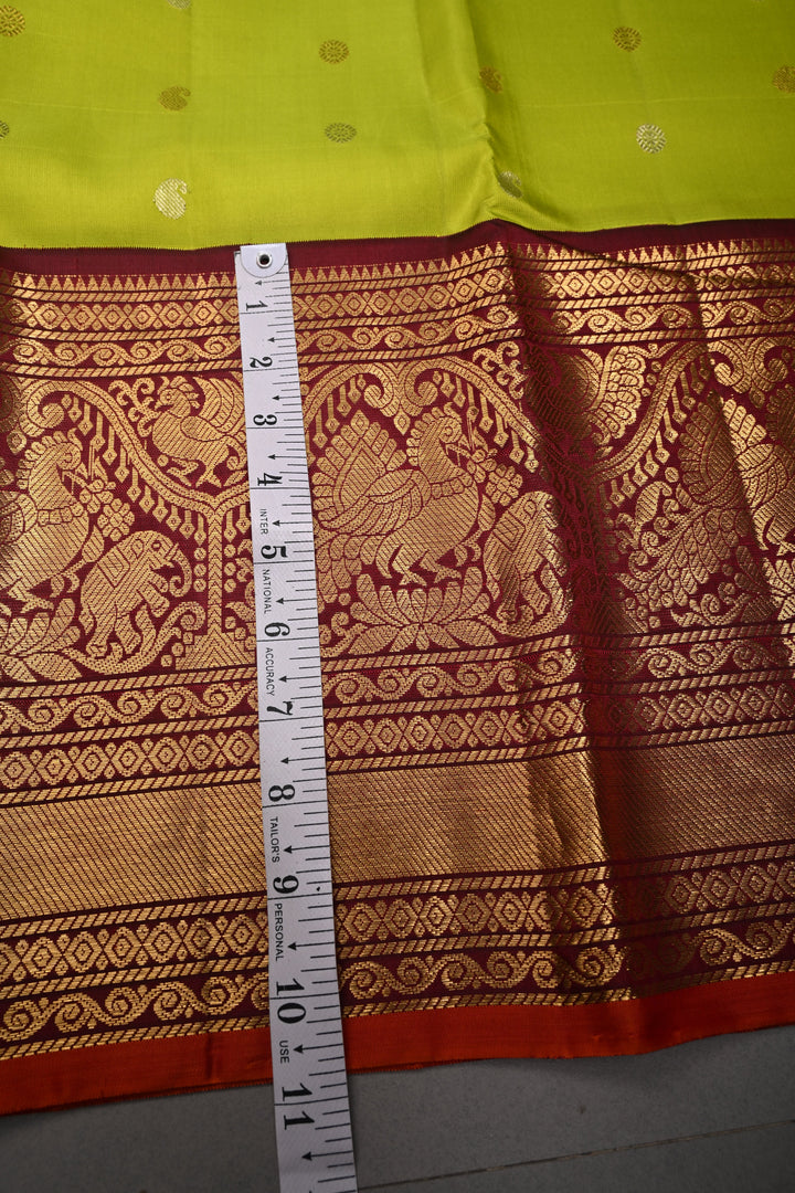 Chartreuse Gadwal Silk Saree with Gold Silver Zari Buttas and Contrast Wide Zari Border | SILK MARK CERTIFIED | SHOBITAM