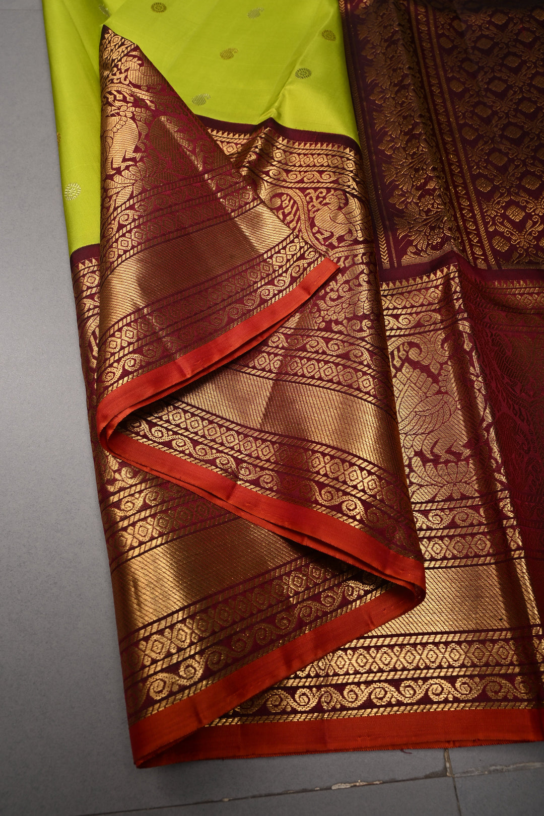 Chartreuse Gadwal Silk Saree with Gold Silver Zari Buttas and Contrast Wide Zari Border | SILK MARK CERTIFIED | SHOBITAM