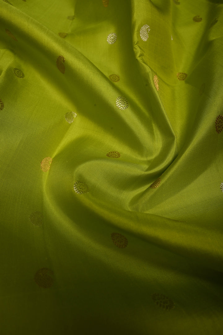 Chartreuse Gadwal Silk Saree with Gold Silver Zari Buttas and Contrast Wide Zari Border | SILK MARK CERTIFIED | SHOBITAM