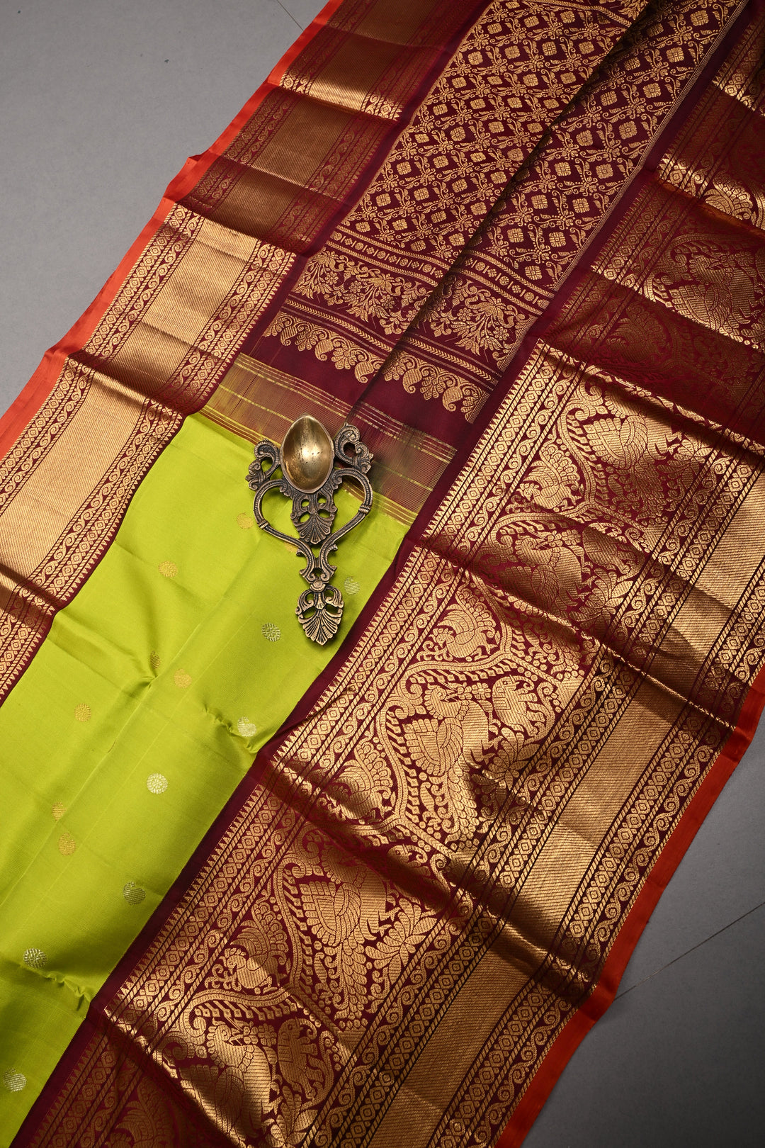 Chartreuse Gadwal Silk Saree with Gold Silver Zari Buttas and Contrast Wide Zari Border | SILK MARK CERTIFIED | SHOBITAM