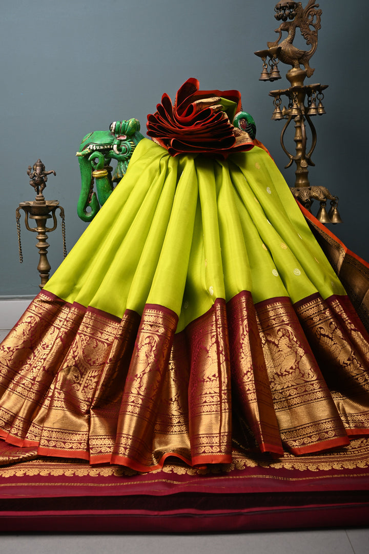 Chartreuse Gadwal Silk Saree with Gold Silver Zari Buttas and Contrast Wide Zari Border | SILK MARK CERTIFIED | SHOBITAM