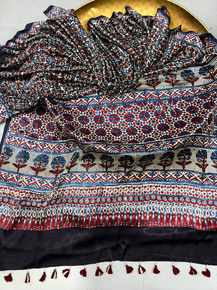 Multicolor Authentic Ajrakh Hand Block Print on Modal Silk Saree with Hand Embellished Tikki work and Minimal Border | SHOBITAM