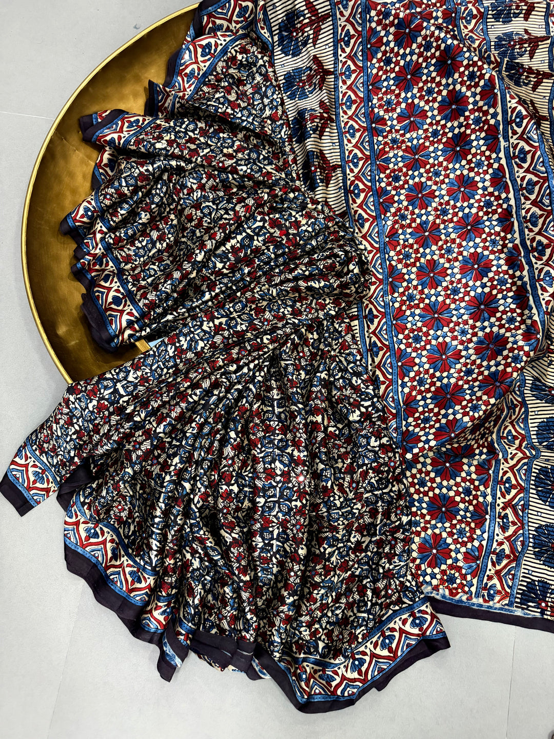Multicolor Authentic Ajrakh Hand Block Print on Modal Silk Saree with Hand Embellished Tikki work and Minimal Border | SHOBITAM
