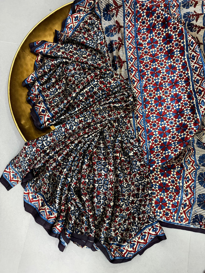 Multicolor Authentic Ajrakh Hand Block Print on Modal Silk Saree with Hand Embellished Tikki work and Minimal Border | SHOBITAM