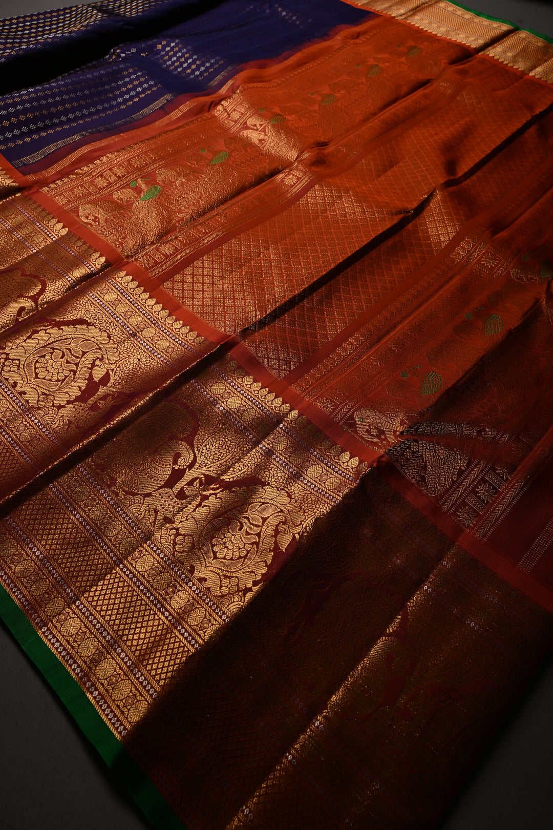 Royal Purple Pure Gadwal Silk Saree with Gold-Silver Ornate Zari Stripes and Contrast Wide Zari Border | SILK MARK CERTIFIED |SHOBITAM