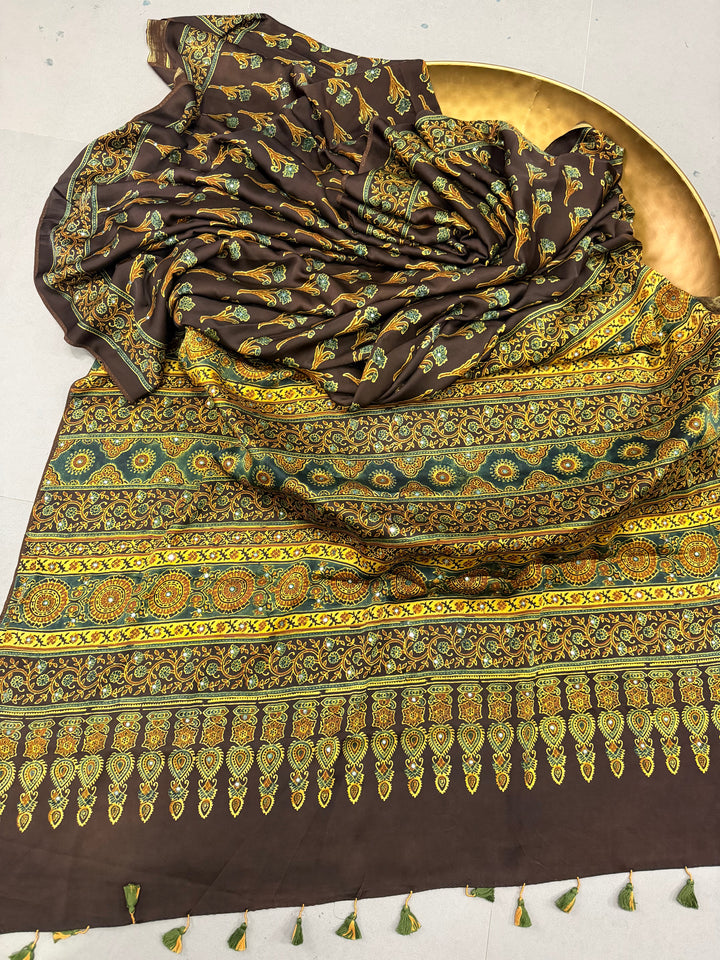 Chocolate Brown Authentic Ajrakh Hand Block Print on Modal Silk Saree with Tikki Hand Embellished Tikki work and Minimal Border | SHOBITAM