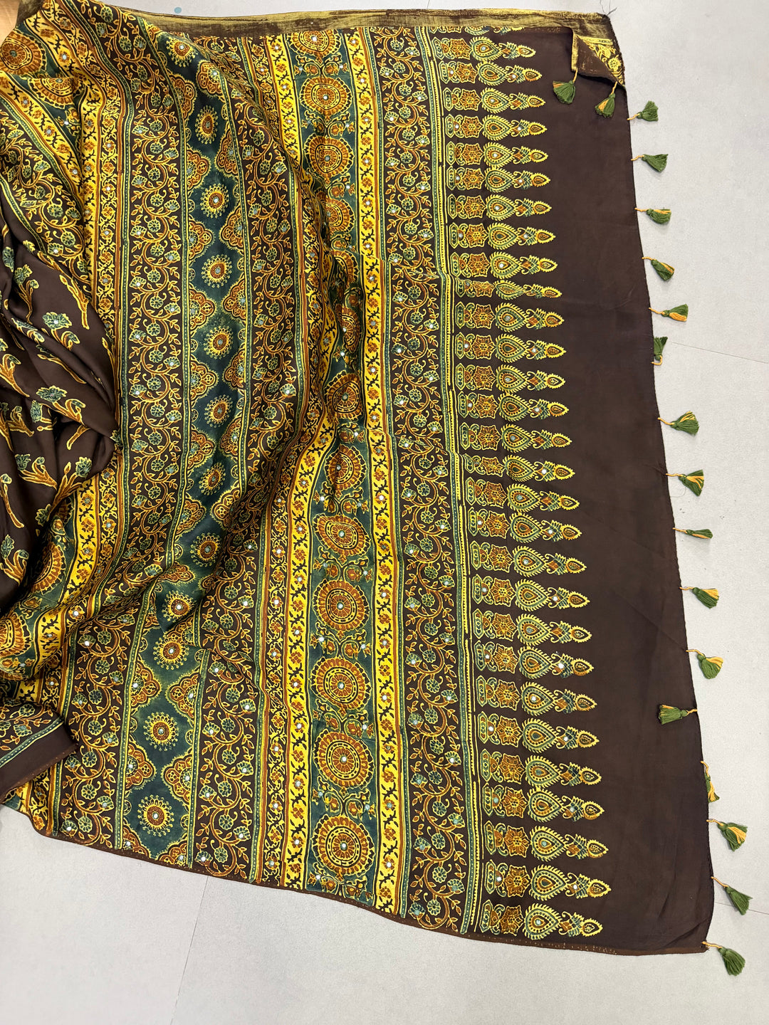 Chocolate Brown Authentic Ajrakh Hand Block Print on Modal Silk Saree with Tikki Hand Embellished Tikki work and Minimal Border | SHOBITAM