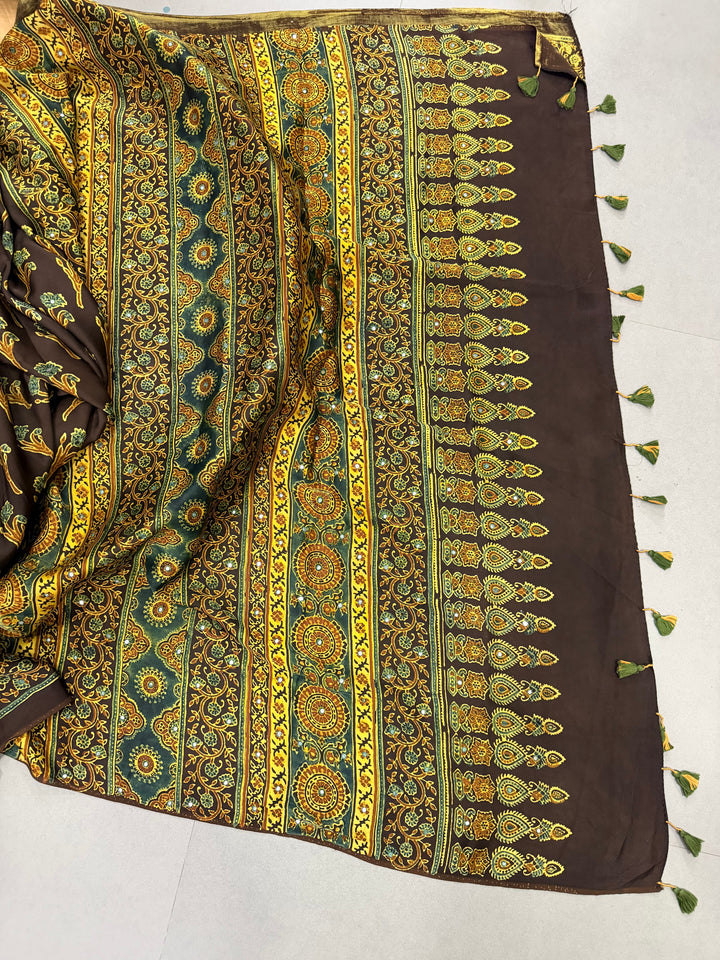 Chocolate Brown Authentic Ajrakh Hand Block Print on Modal Silk Saree with Tikki Hand Embellished Tikki work and Minimal Border | SHOBITAM
