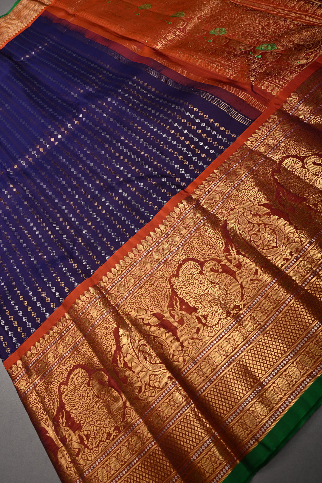 Royal Purple Pure Gadwal Silk Saree with Gold-Silver Ornate Zari Stripes and Contrast Wide Zari Border | SILK MARK CERTIFIED |SHOBITAM