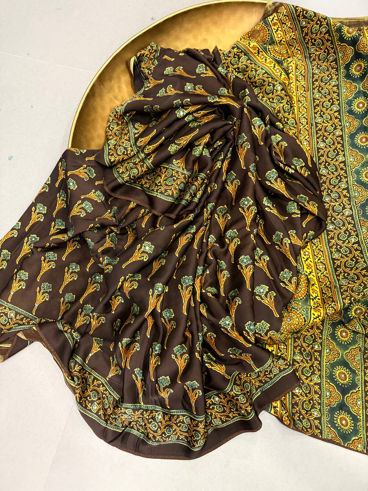 Chocolate Brown Authentic Ajrakh Hand Block Print on Modal Silk Saree with Tikki Hand Embellished Tikki work and Minimal Border | SHOBITAM