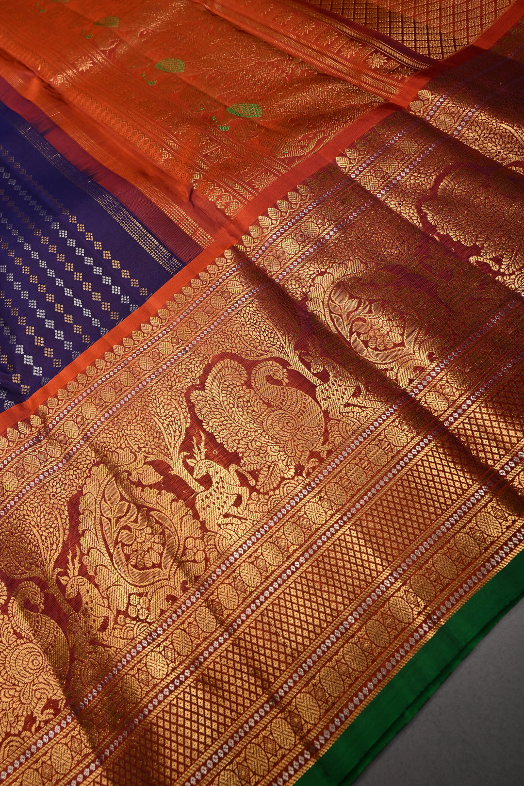 Royal Purple Pure Gadwal Silk Saree with Gold-Silver Ornate Zari Stripes and Contrast Wide Zari Border | SILK MARK CERTIFIED |SHOBITAM