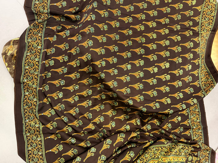 Chocolate Brown Authentic Ajrakh Hand Block Print on Modal Silk Saree with Tikki Hand Embellished Tikki work and Minimal Border | SHOBITAM