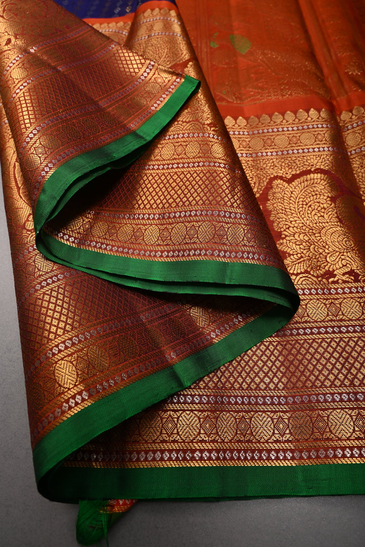 Royal Purple Pure Gadwal Silk Saree with Gold-Silver Ornate Zari Stripes and Contrast Wide Zari Border | SILK MARK CERTIFIED |SHOBITAM