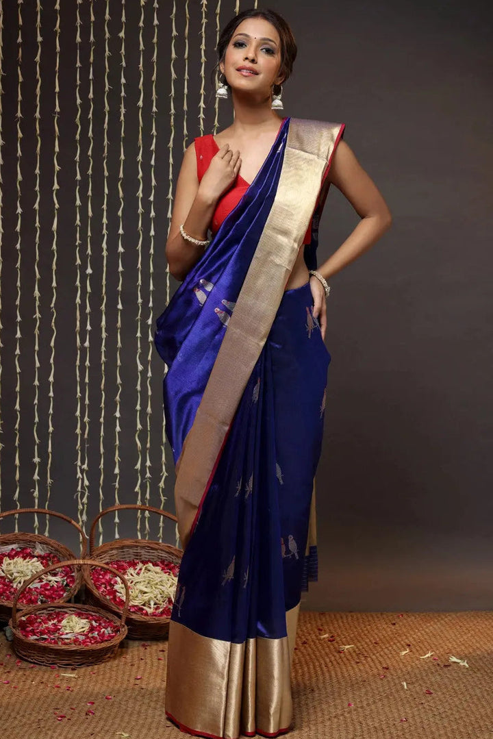 Navy Blue Handloom Pure Silk Chanderi Saree With Broad Zari Border | SHOBITAM