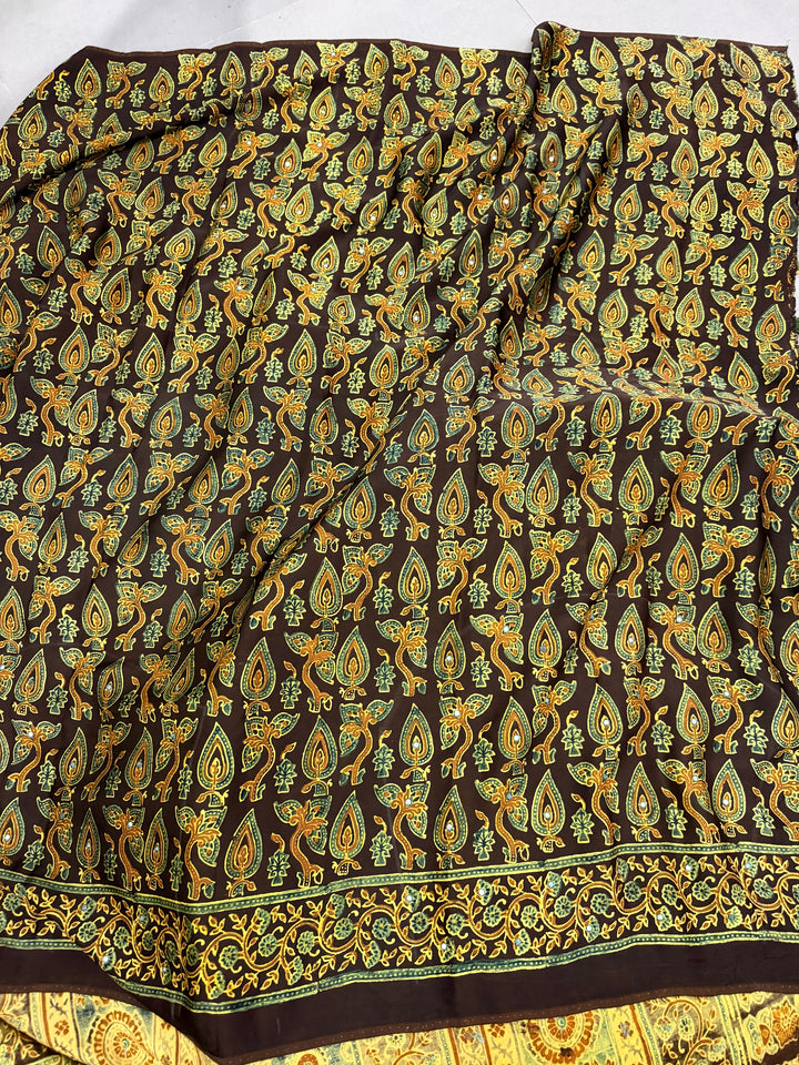 Chocolate Brown Authentic Ajrakh Hand Block Print on Modal Silk Saree with Tikki Hand Embellished Tikki work and Minimal Border | SHOBITAM