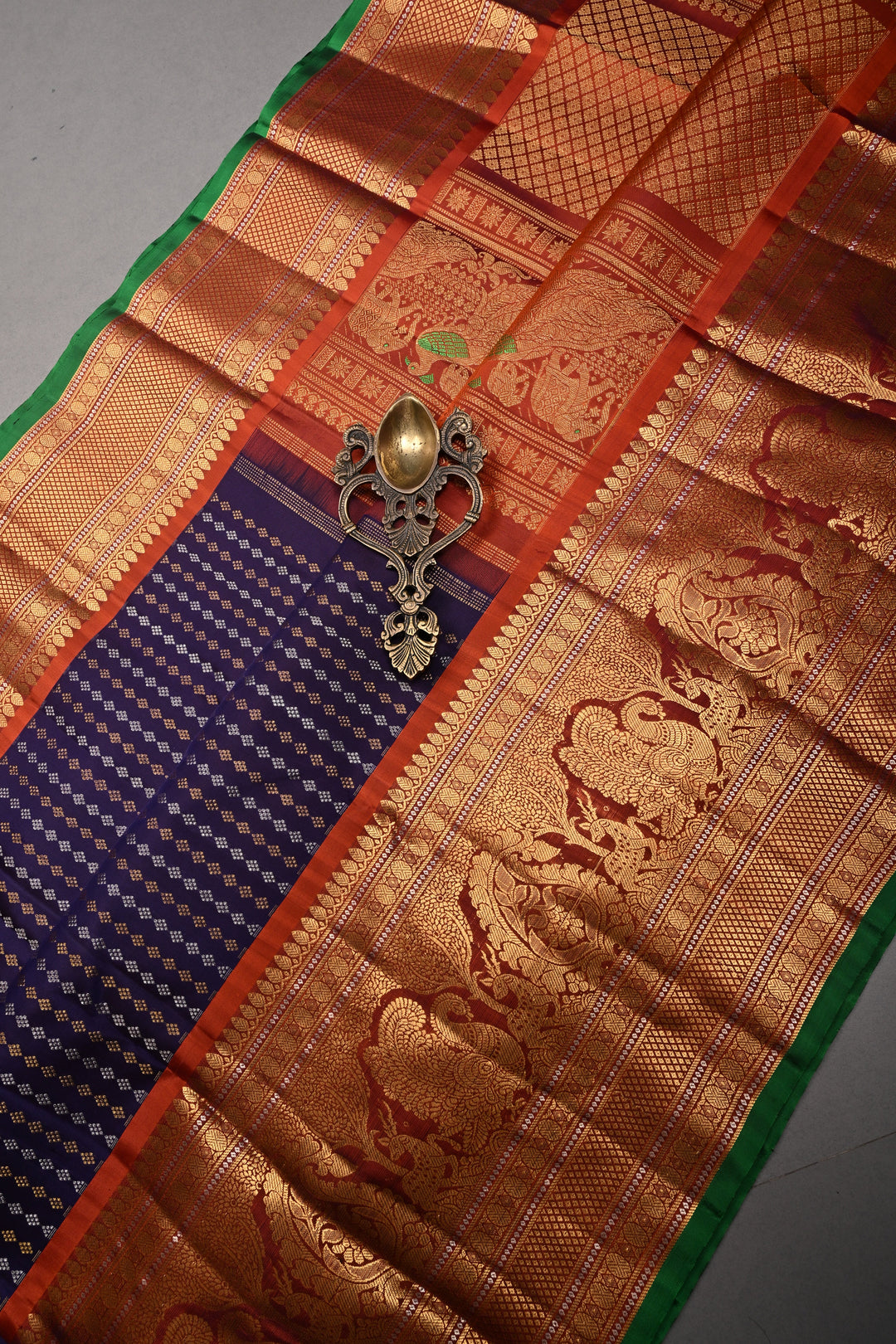 Royal Purple Pure Gadwal Silk Saree with Gold-Silver Ornate Zari Stripes and Contrast Wide Zari Border | SILK MARK CERTIFIED |SHOBITAM
