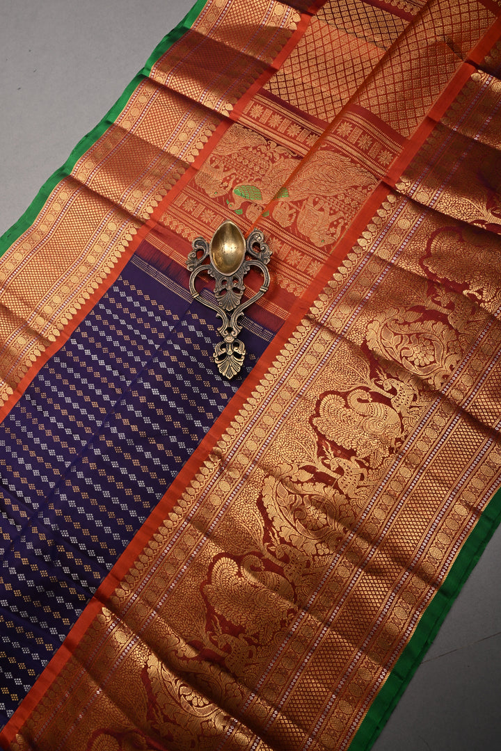 Royal Purple Pure Gadwal Silk Saree with Gold-Silver Ornate Zari Stripes and Contrast Wide Zari Border | SILK MARK CERTIFIED |SHOBITAM