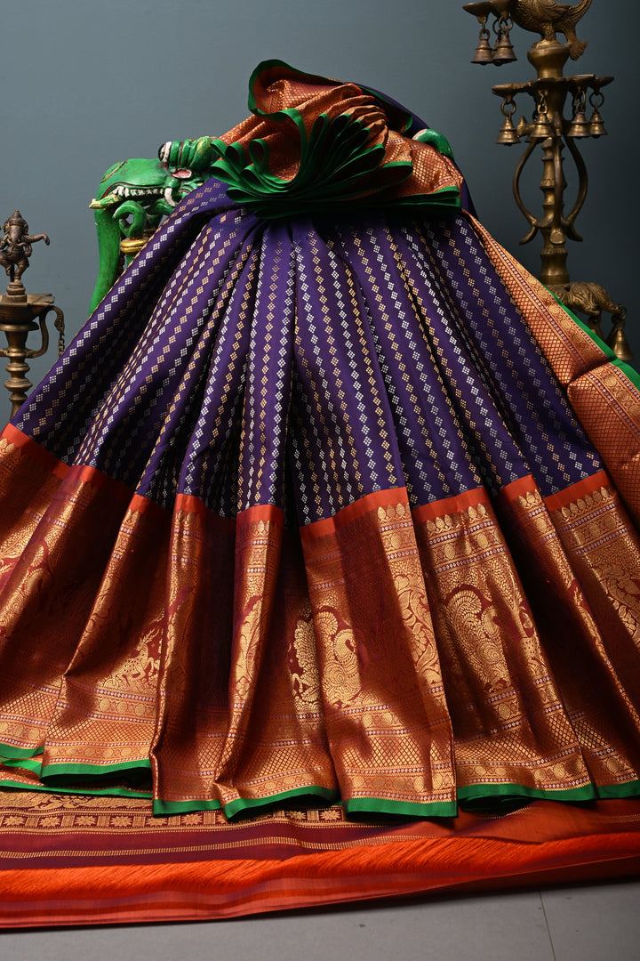 Royal Purple Pure Gadwal Silk Saree with Gold-Silver Ornate Zari Stripes and Contrast Wide Zari Border | SILK MARK CERTIFIED |SHOBITAM