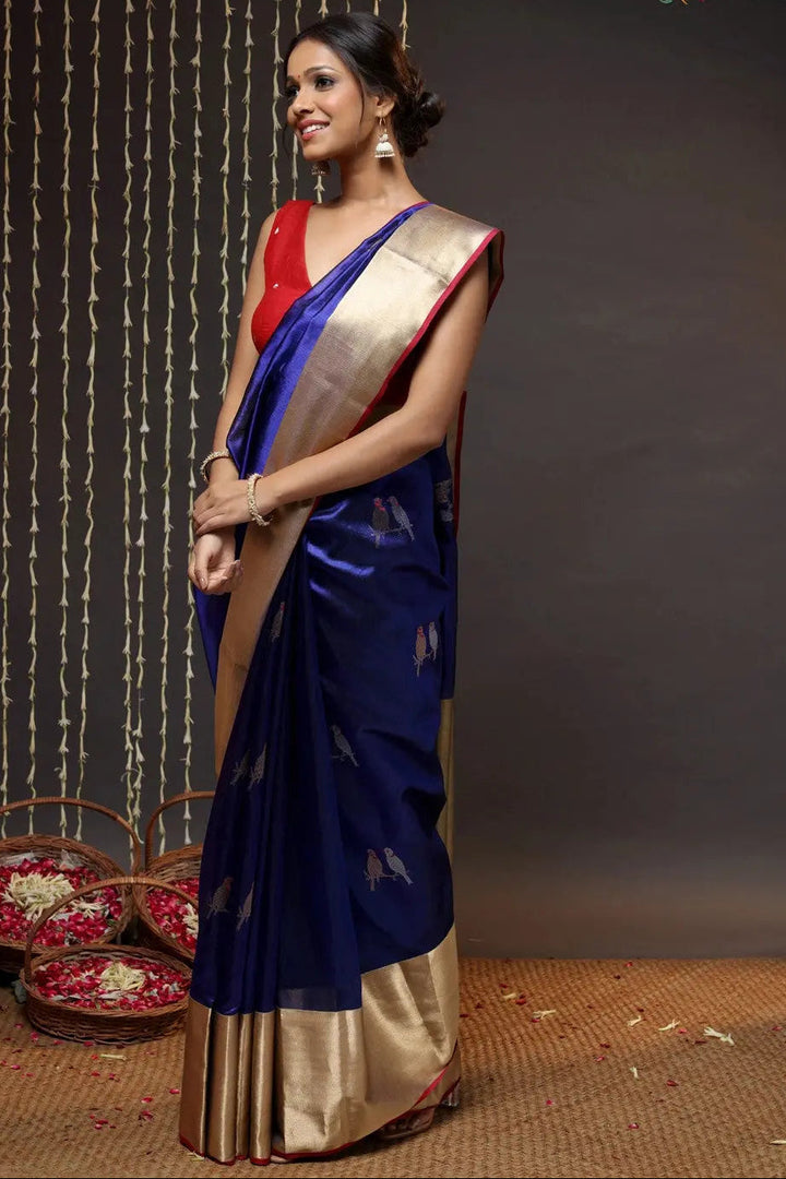 Navy Blue Handloom Pure Silk Chanderi Saree With Broad Zari Border | SHOBITAM