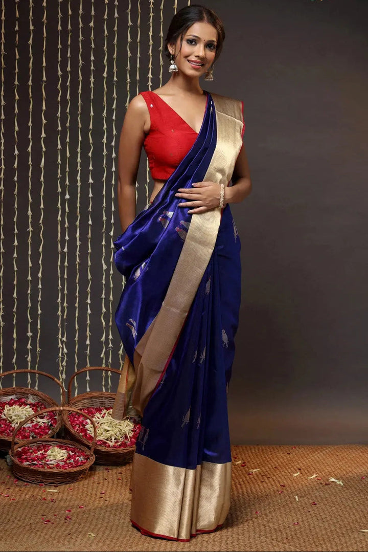 Navy Blue Handloom Pure Silk Chanderi Saree With Broad Zari Border | SHOBITAM