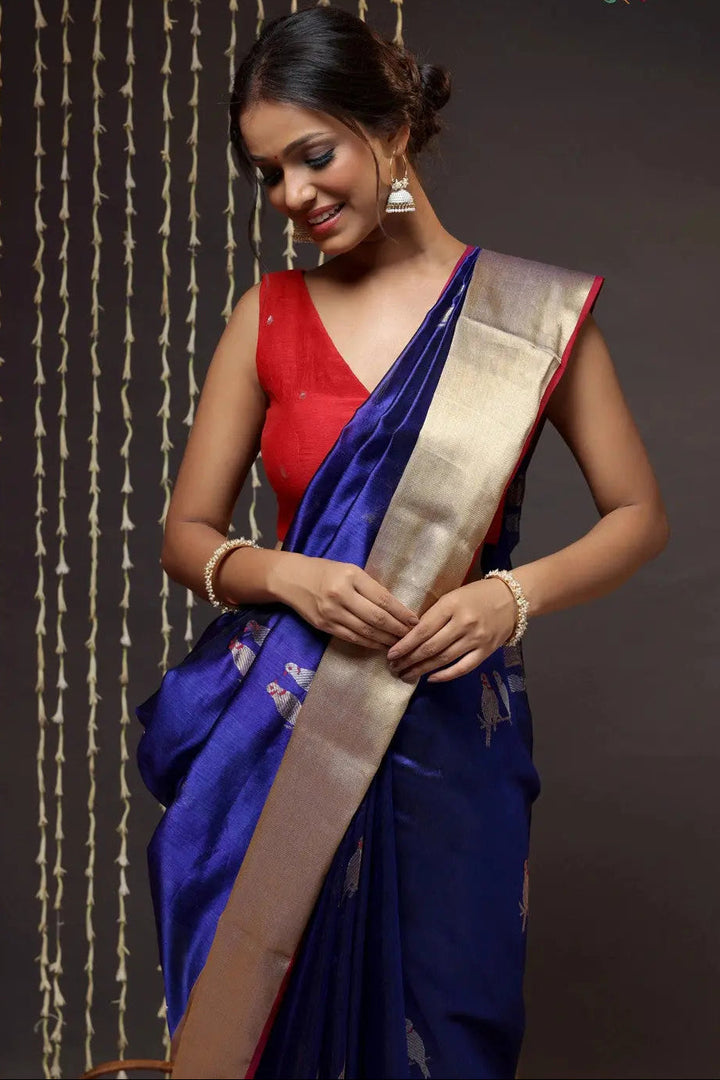 Navy Blue Handloom Pure Silk Chanderi Saree With Broad Zari Border | SHOBITAM