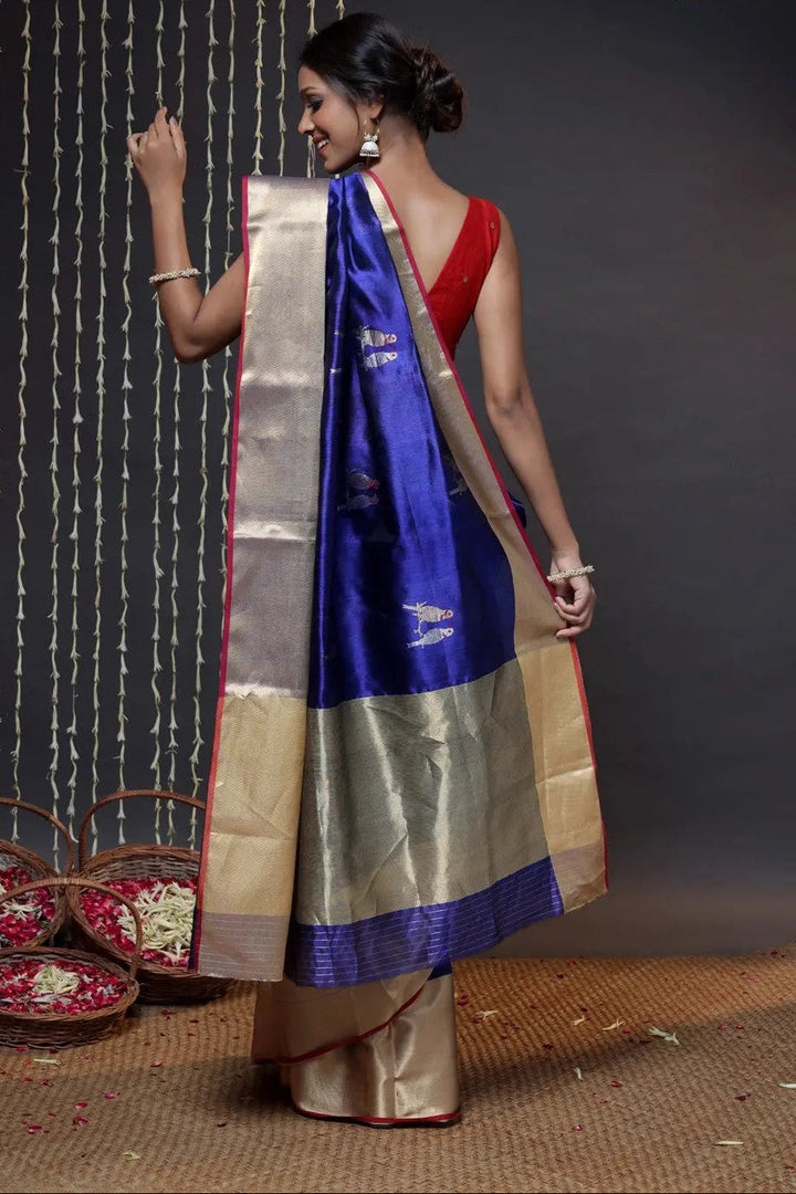 Navy Blue Handloom Pure Silk Chanderi Saree With Broad Zari Border | SHOBITAM