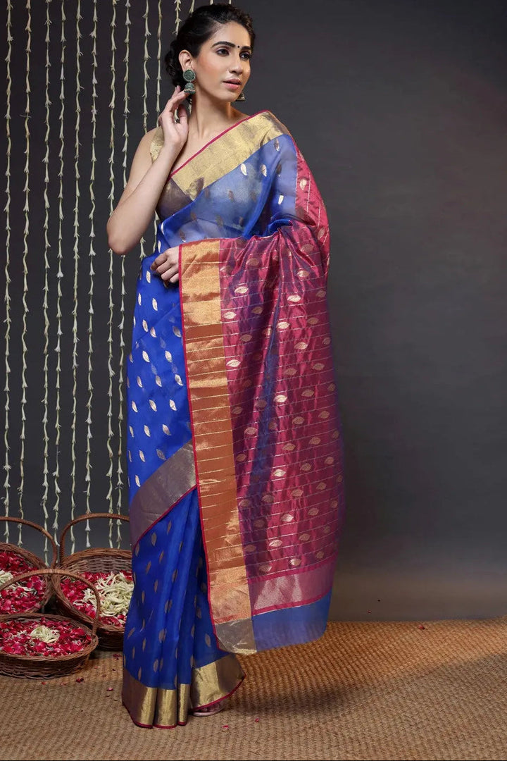Navy Blue Handloom Katan Silk Chanderi Saree With Zari Border | SHOBITAM