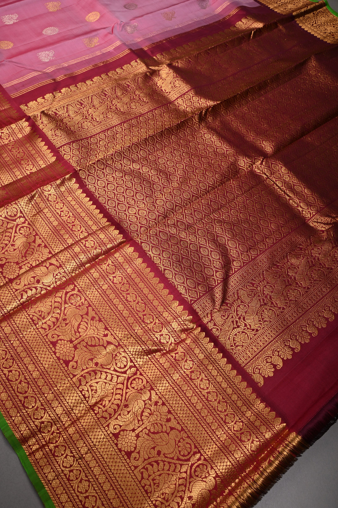 Dusty Rose Pure Gadwal Silk Saree with Gold-Silver Zari Buttas and Contrast Wide Zari Border | SILK MARK CERTIFIED |SHOBITAM