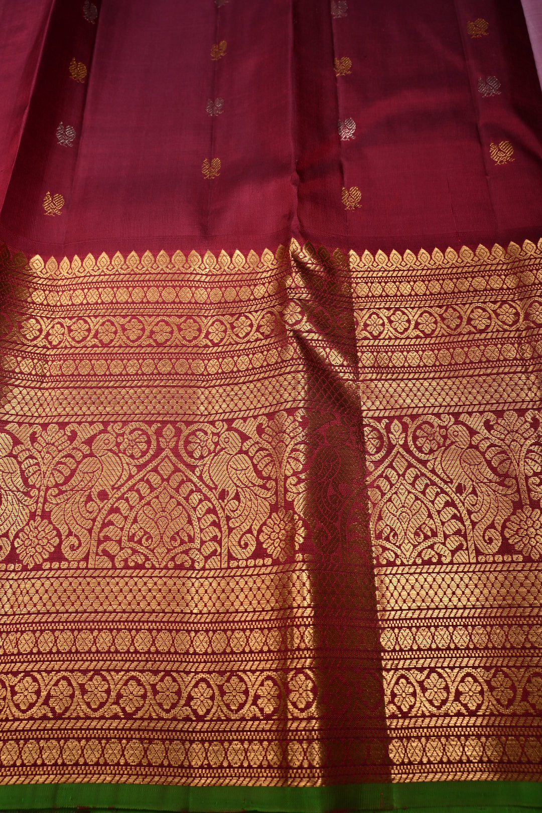 Dusty Rose Pure Gadwal Silk Saree with Gold-Silver Zari Buttas and Contrast Wide Zari Border | SILK MARK CERTIFIED |SHOBITAM
