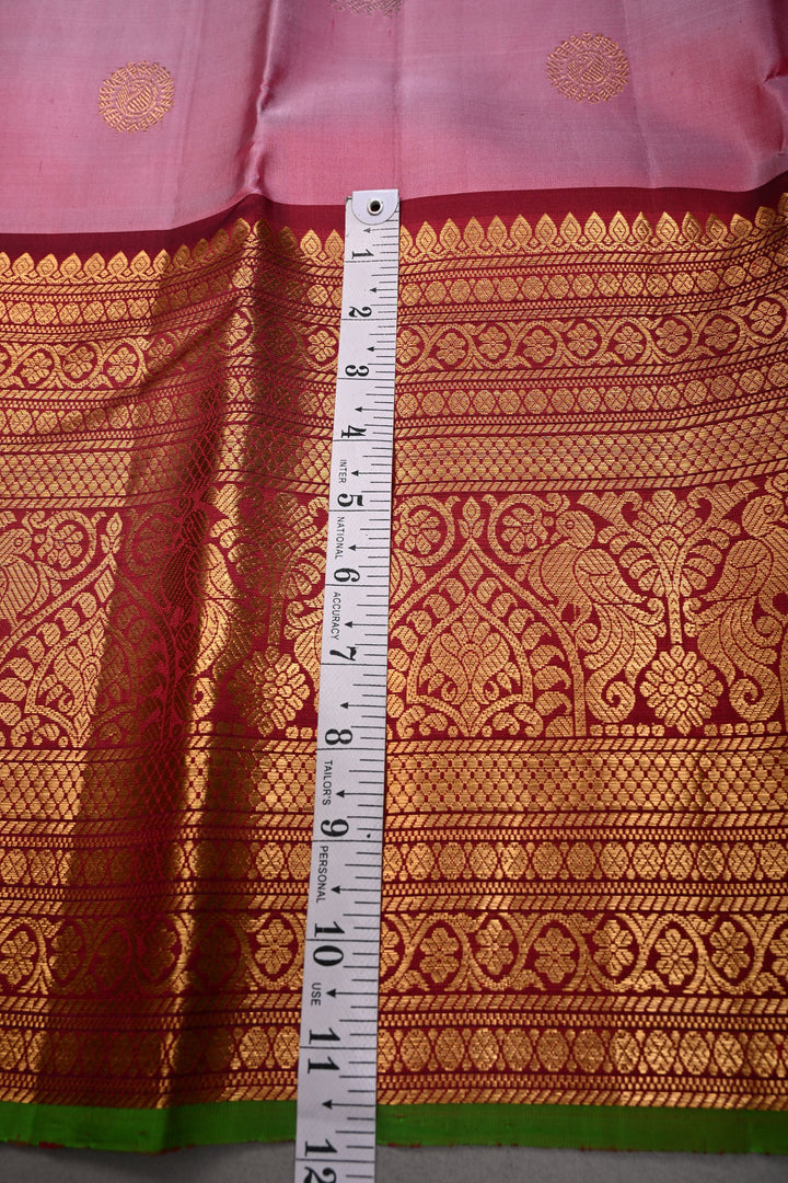 Dusty Rose Pure Gadwal Silk Saree with Gold-Silver Zari Buttas and Contrast Wide Zari Border | SILK MARK CERTIFIED |SHOBITAM