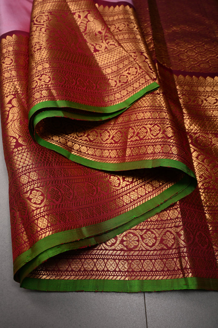 Dusty Rose Pure Gadwal Silk Saree with Gold-Silver Zari Buttas and Contrast Wide Zari Border | SILK MARK CERTIFIED |SHOBITAM