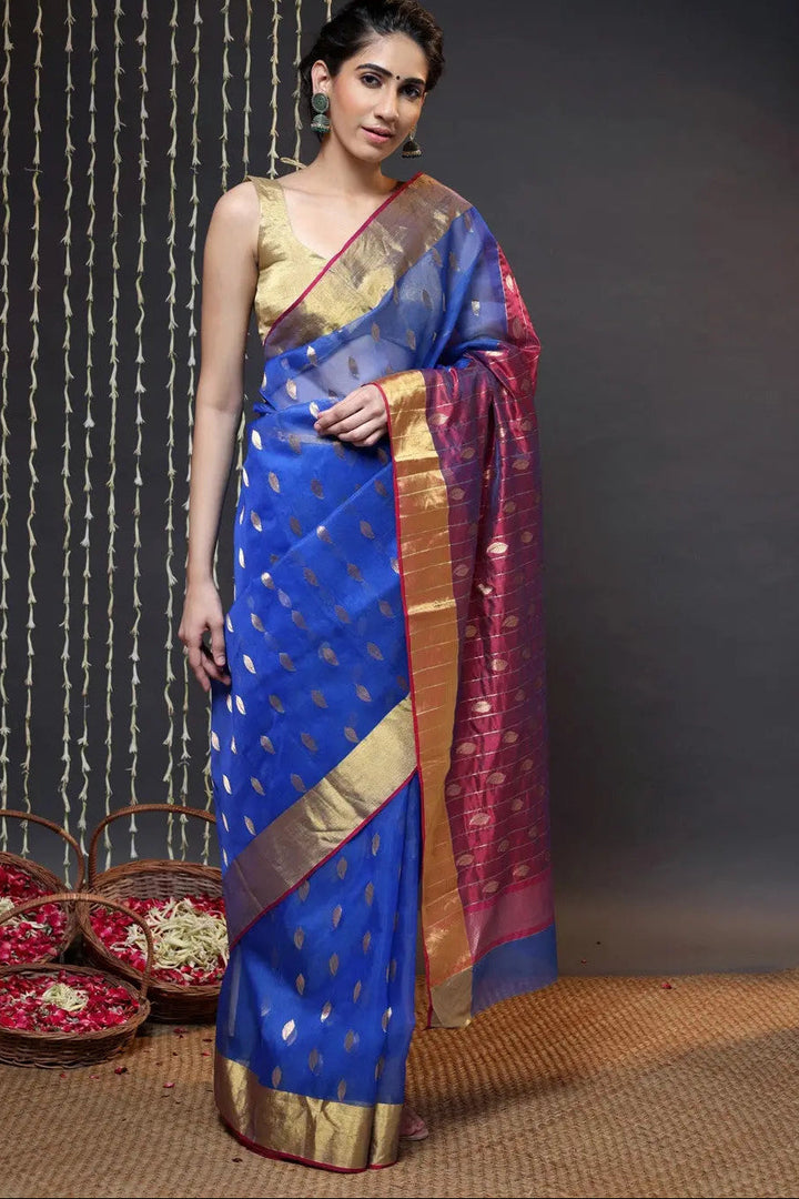 Navy Blue Handloom Katan Silk Chanderi Saree With Zari Border | SHOBITAM