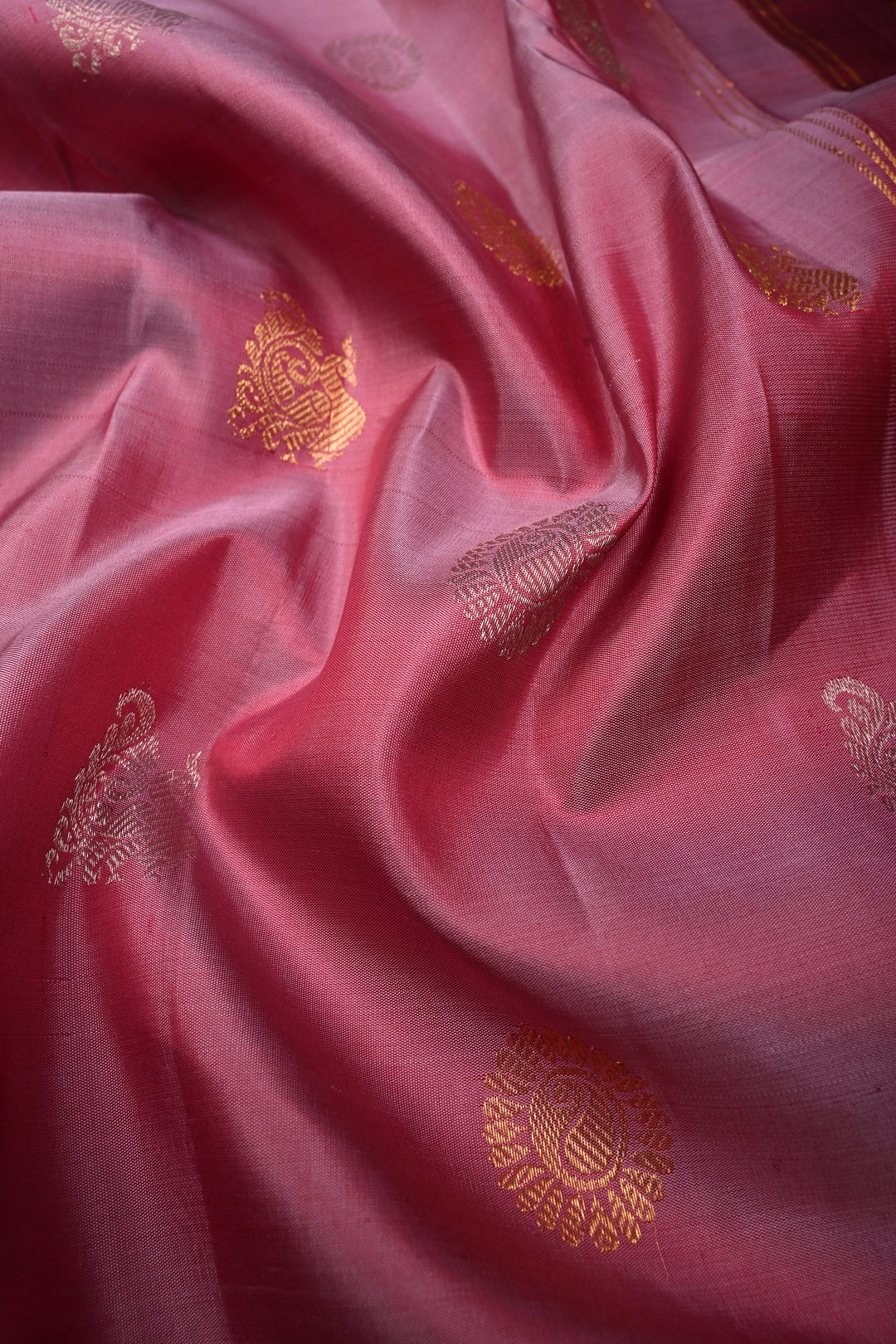 Dusty Rose Pure Gadwal Silk Saree with Gold-Silver Zari Buttas and Contrast Wide Zari Border | SILK MARK CERTIFIED |SHOBITAM