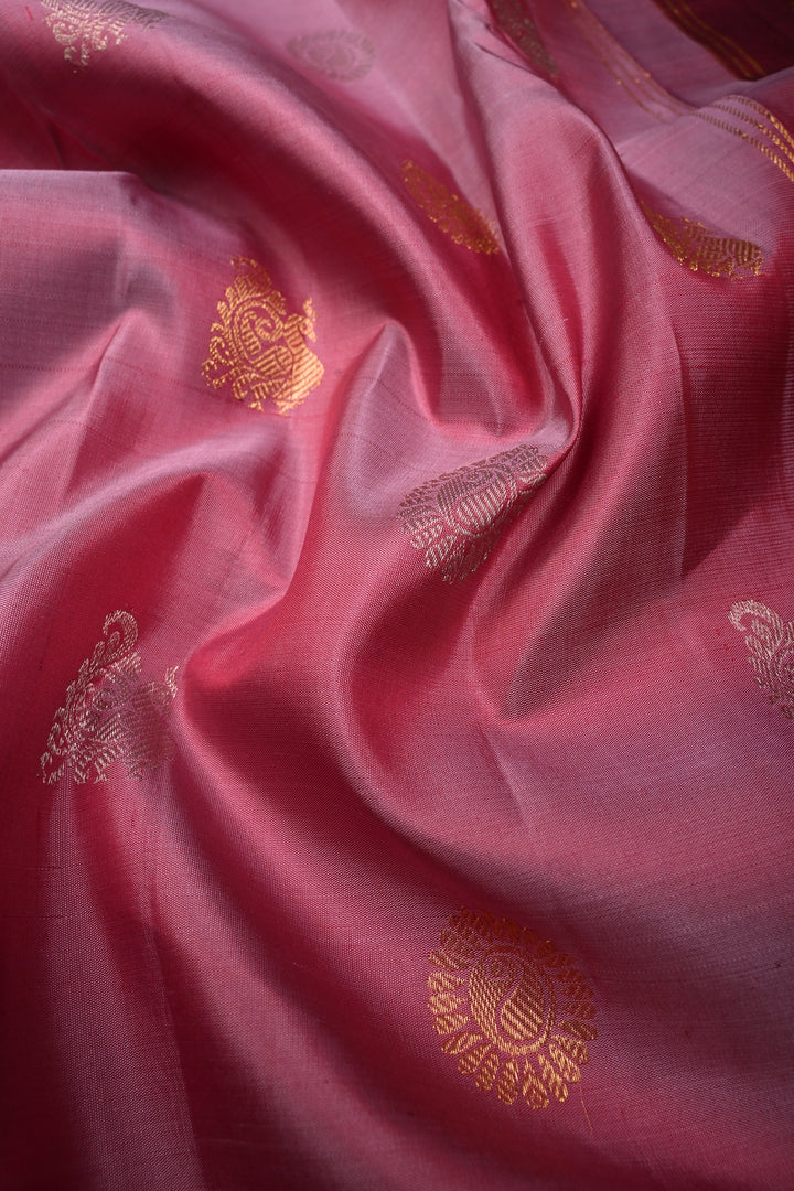 Dusty Rose Pure Gadwal Silk Saree with Gold-Silver Zari Buttas and Contrast Wide Zari Border | SILK MARK CERTIFIED |SHOBITAM