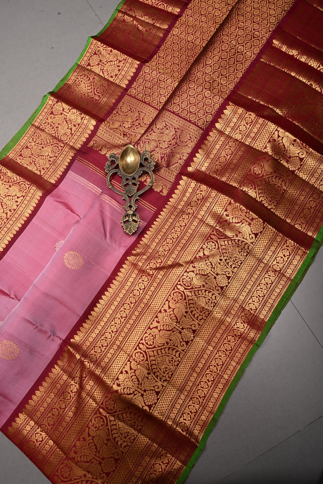Dusty Rose Pure Gadwal Silk Saree with Gold-Silver Zari Buttas and Contrast Wide Zari Border | SILK MARK CERTIFIED |SHOBITAM