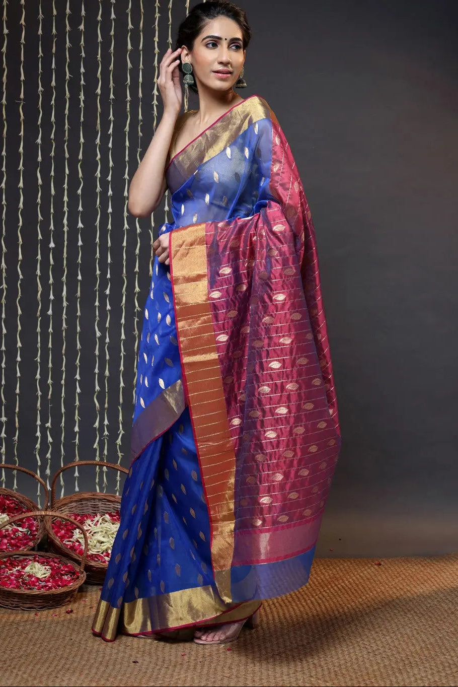 Navy Blue Handloom Katan Silk Chanderi Saree With Zari Border | SHOBITAM